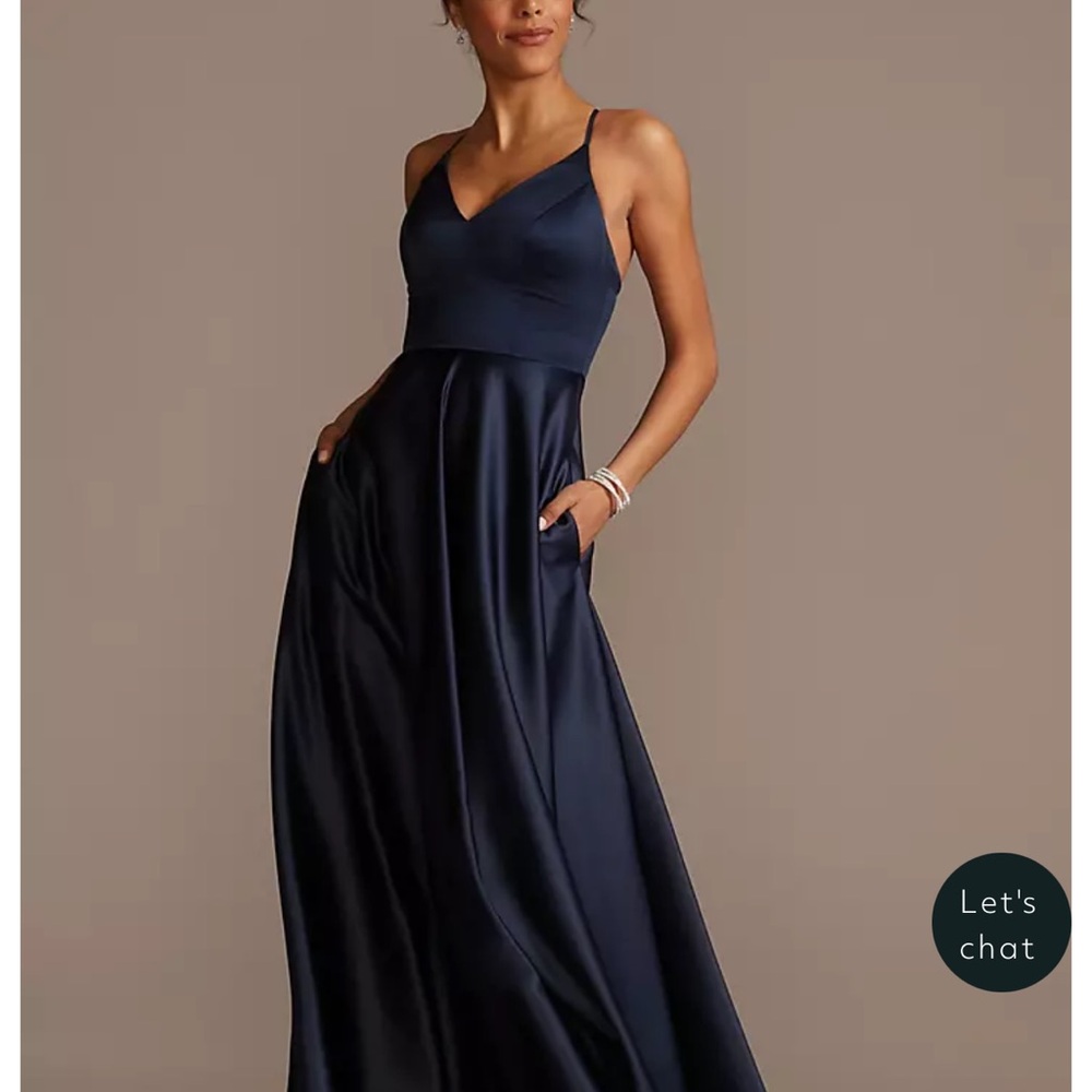 David's Bridal Navy Satin Spaghetti Strap Maxi Dress